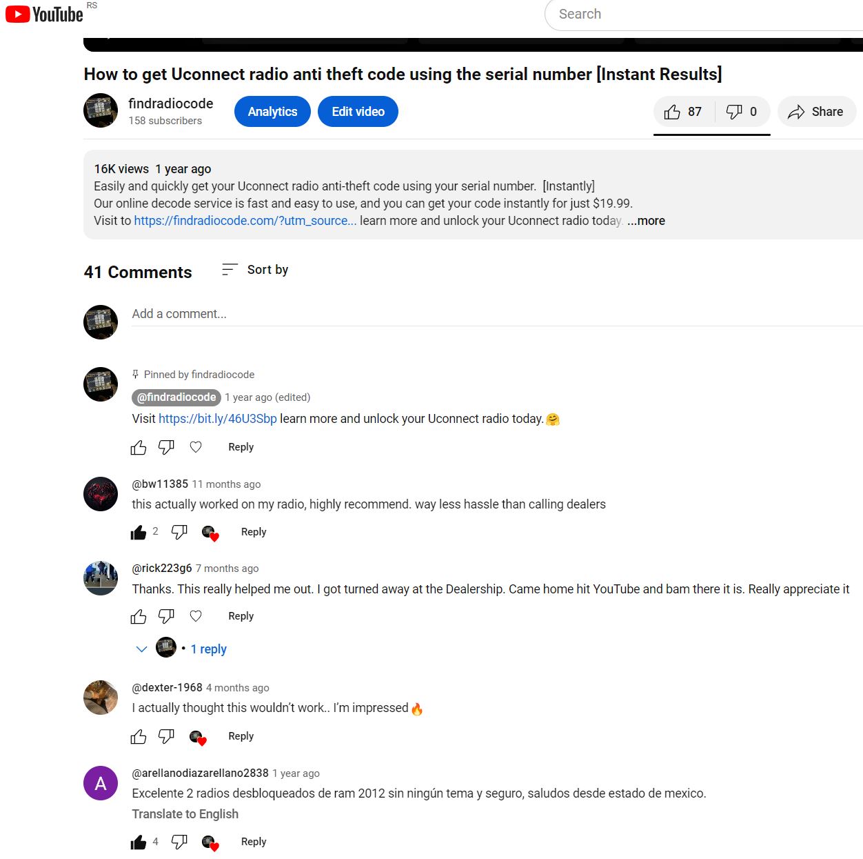FindRadioCode YouTube video comments – real customers confirming radio codes worked